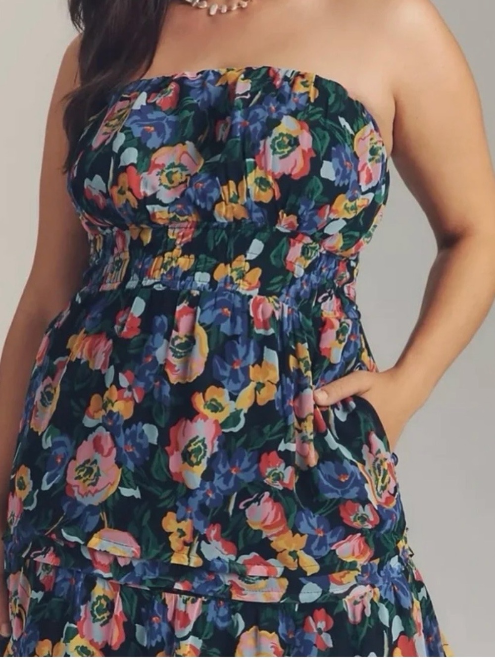 Anthropologie Navy Strapless Floral Maxi Dress Size Late